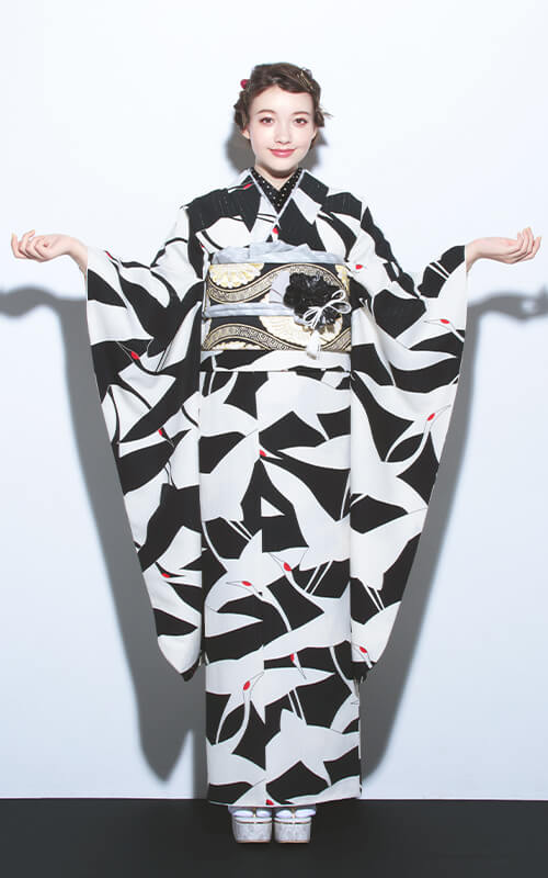 F2706 シルエット鶴 片身替り/白黒