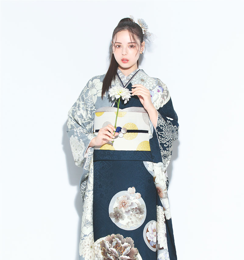 振袖 花丸紋と菊(片身替り/紺)