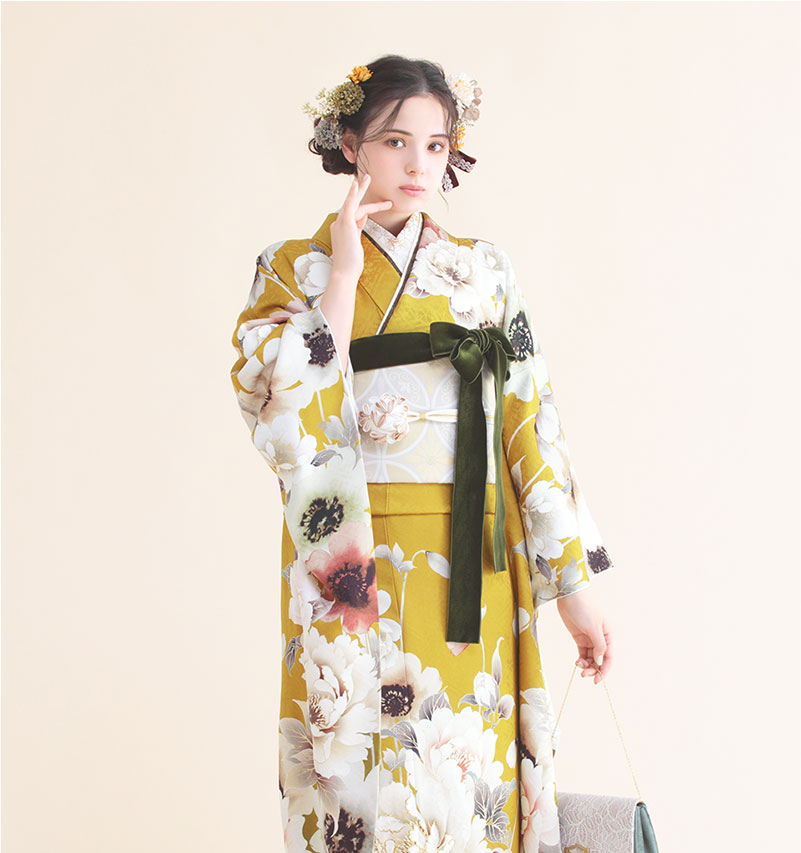 振袖 オールドフラワー(カラシ)
