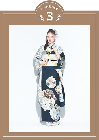 振袖 花丸紋と菊(片身替り/紺)