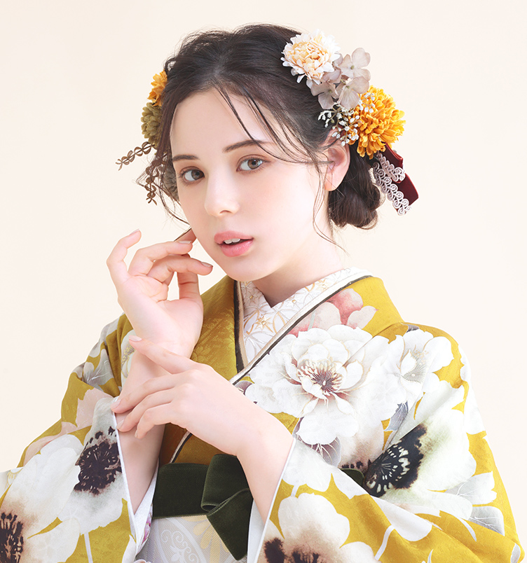 振袖 オールドフラワー(カラシ)