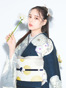 振袖 花丸紋と菊(片身替り/紺)