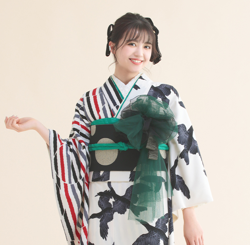 振袖 八咫烏×縞花丸(片身替り/オフ)