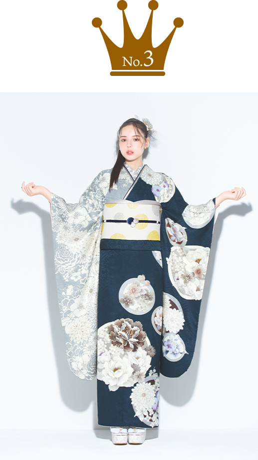 振袖 花丸紋と菊(片身替り/紺)