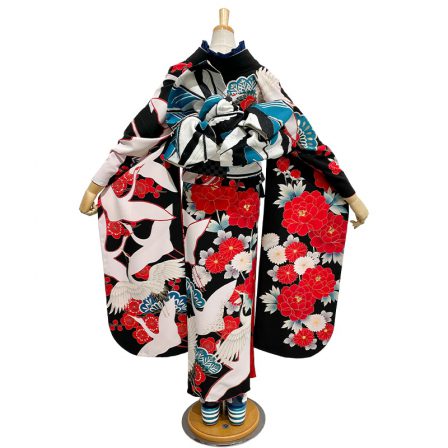 鶴と牡丹・黒 (2)