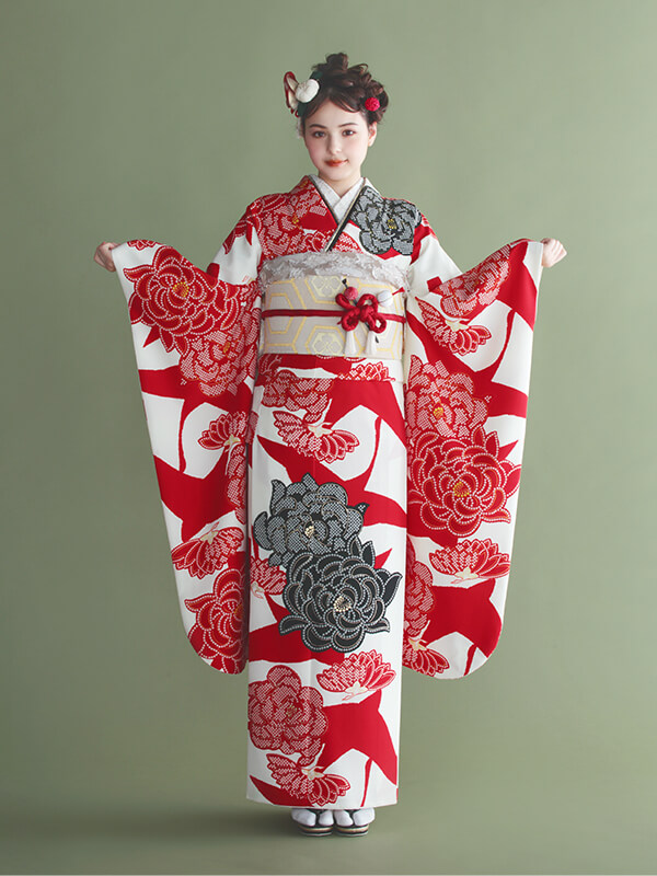 振袖 疋田乱菊(赤) 帯 花菱亀甲(白金) 小物別売