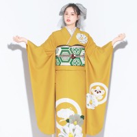 振袖 つばき家紋(カラシ) 帯 花菱亀甲(緑) 小物別売