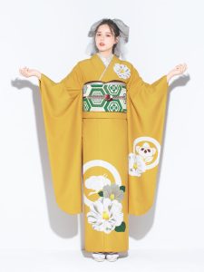 振袖 つばき家紋(カラシ) 帯 花菱亀甲(緑) 小物別売