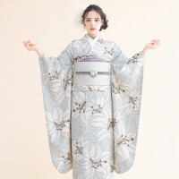 振袖 百合(グレー) 帯 おしどり(白銀) 小物別売