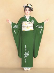 振袖 レース刺繍(緑) 帯 七宝(白金) 小物別売