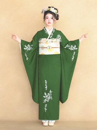 振袖 レース刺繍(緑) 帯 七宝(白金) 小物別売