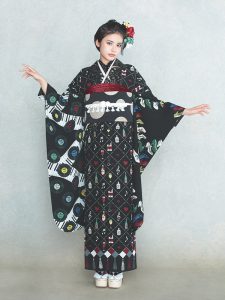 振袖 ラヴィアンローズ(黒) 帯 ドット(黒) 小物別売