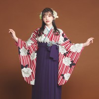 着物と袴のレンタルセット商品画像。袴は紫色。着物はオフ色。縞バラ柄のデザイン。