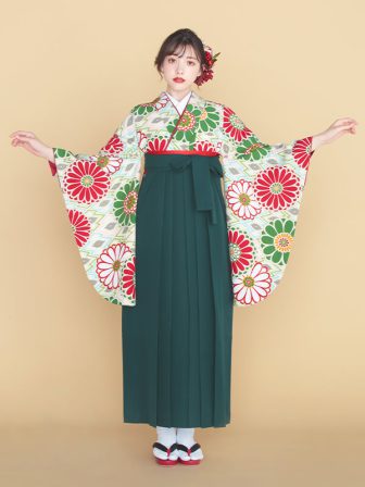 着物と袴のレンタルセット商品画像。袴は緑色。着物は緑色。菊菱柄のデザイン。