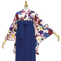 着物と袴のレンタルセット商品画像。袴は紺色。着物はオフピンク色。華丸紋柄のデザイン。