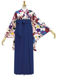 着物と袴のレンタルセット商品画像。袴は紺色。着物はオフピンク色。華丸紋柄のデザイン。
