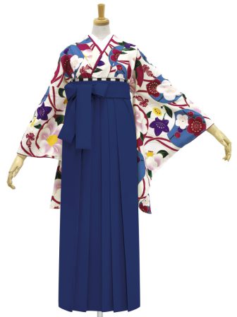 着物と袴のレンタルセット商品画像。袴は紺色。着物はオフピンク色。華丸紋柄のデザイン。