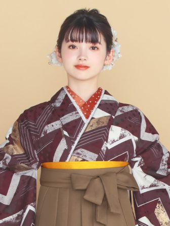 着物と袴のレンタルセット商品画像。袴はブラウン色。着物はチョコレート色。稲妻柄のデザイン。上半身アップ画像。
