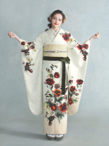 振袖 アネモネブーケ(オフ) 帯 花菱亀甲(白金) 小物別売