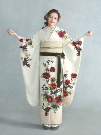 振袖 アネモネブーケ(オフ) 帯 花菱亀甲(白金) 小物別売