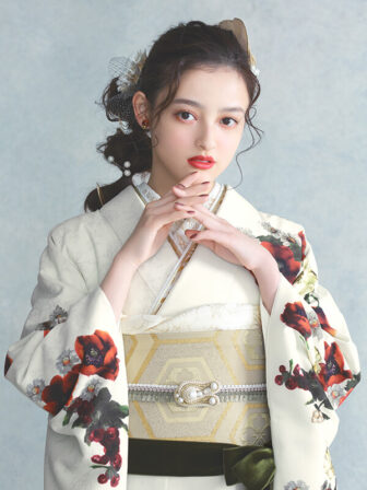 振袖 アネモネブーケ(オフ) 帯 花菱亀甲(白金) 小物別売