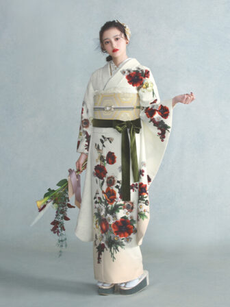 振袖 アネモネブーケ(オフ) 帯 花菱亀甲(白金) 小物別売