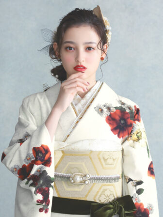 振袖 アネモネブーケ(オフ) 帯 花菱亀甲(白金) 小物別売
