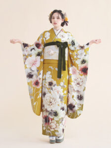 正絹振袖 オールドフラワー(カラシ) 帯 七宝(白金) 小物別売