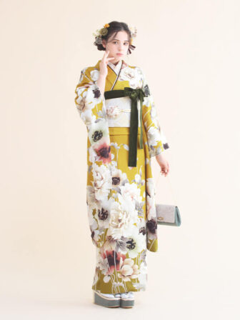 正絹振袖 オールドフラワー(カラシ) 帯 七宝(白金) 小物別売