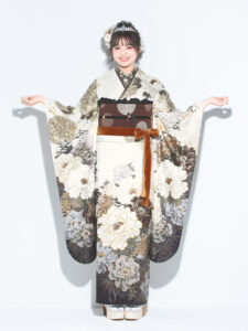 正絹振袖 白クジャク(白) 帯 ドット(ブラウン) 小物別売