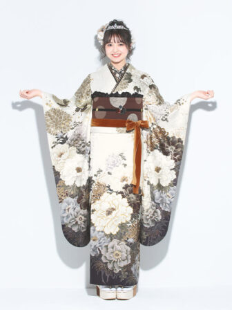 正絹振袖 白クジャク(白) 帯 ドット(ブラウン) 小物別売