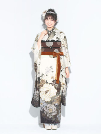 正絹振袖 白クジャク(白) 帯 ドット(ブラウン) 小物別売