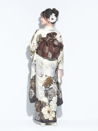 正絹振袖 白クジャク(白) 帯 ドット(ブラウン) 小物06(ブラウン) 草履&バッグ03(白) 髪飾り別売