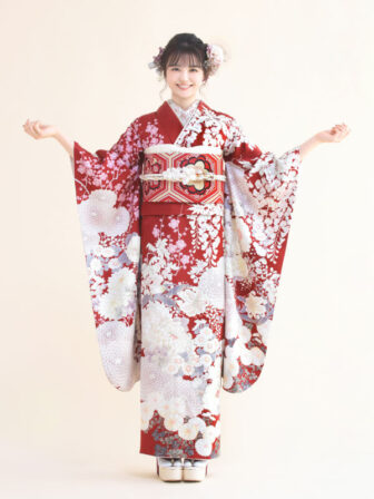 正絹振袖 緋色の祝い(赤) 帯 亀甲(赤) 小物別売