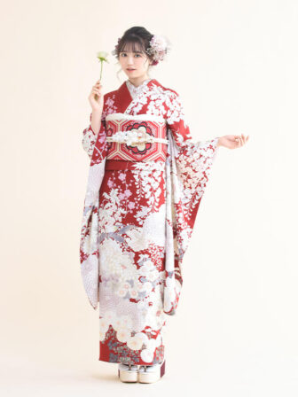 正絹振袖 緋色の祝い(赤) 帯 亀甲(赤) 小物別売