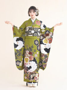 正絹振袖 花玉(緑) 帯 花菱亀甲(黒) 小物別売