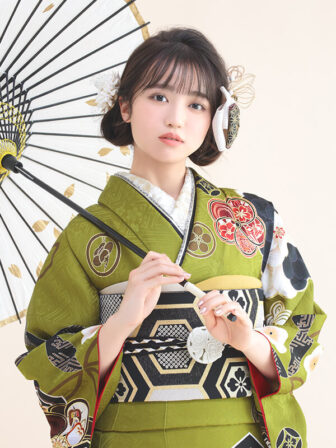 正絹振袖 花玉(緑) 帯 花菱亀甲(黒) 小物別売