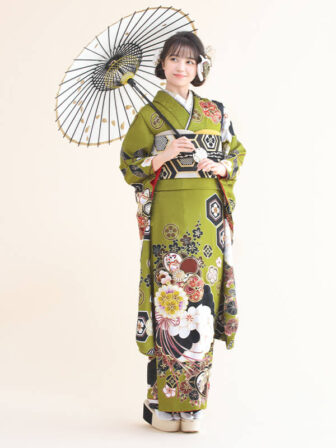 正絹振袖 花玉(緑) 帯 花菱亀甲(黒) 小物別売